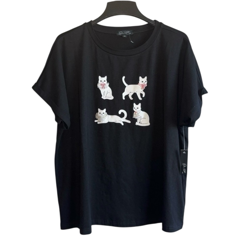 On 12th Women's Casual Basic Short Sleeve Graphic Cats Tee Shirt Size 2X Black
